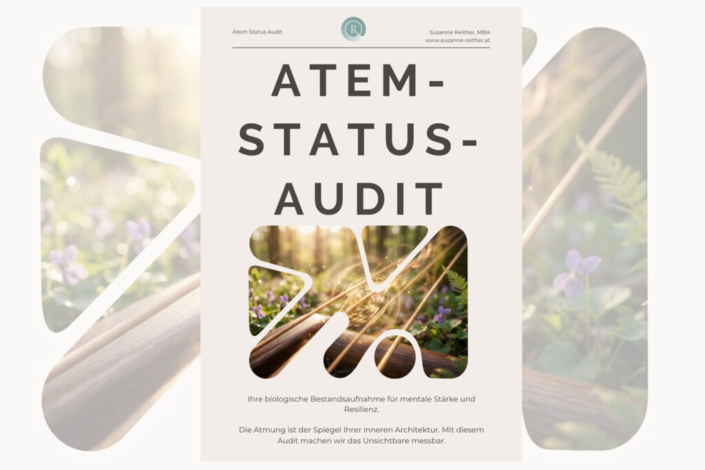 Digitales Produkt-Bundle von Susanne Reither: Atem-Status-Paket mit BOLT-Test. Visualisierung einer geführten Audio-Anleitung (MP3), eines hochwertigen Analyse-Dossiers auf einem Tablet und eines druckoptimierten Protokolls. Minimalistisches, helles Design im architektonischen Stil.