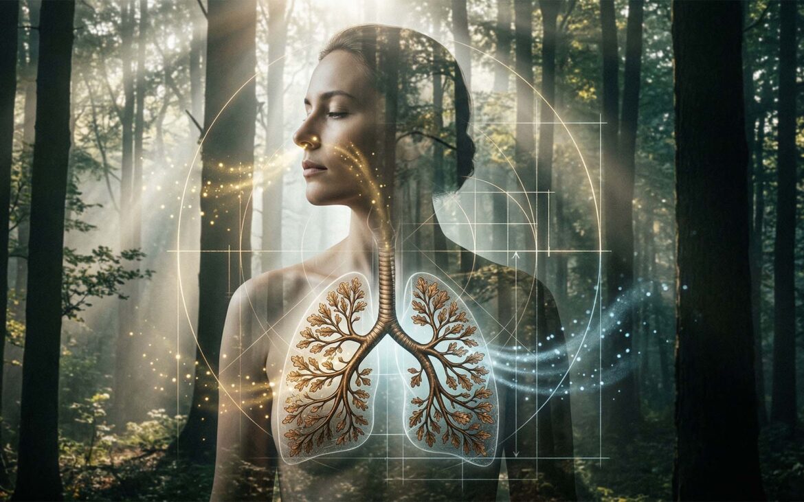 Künstlerische Doppelbelichtung eines Frauenprofils im Wald; der Bronchialbaum ist als verzweigte Eiche mit geometrischen Messlinien dargestellt.