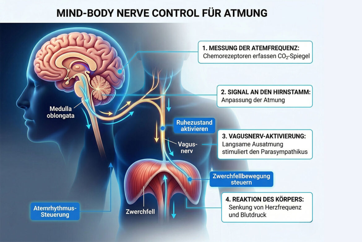 Infografik zur neurobiologischen Steuerung der Atmung über den Vagusnerv und das Gehirn.