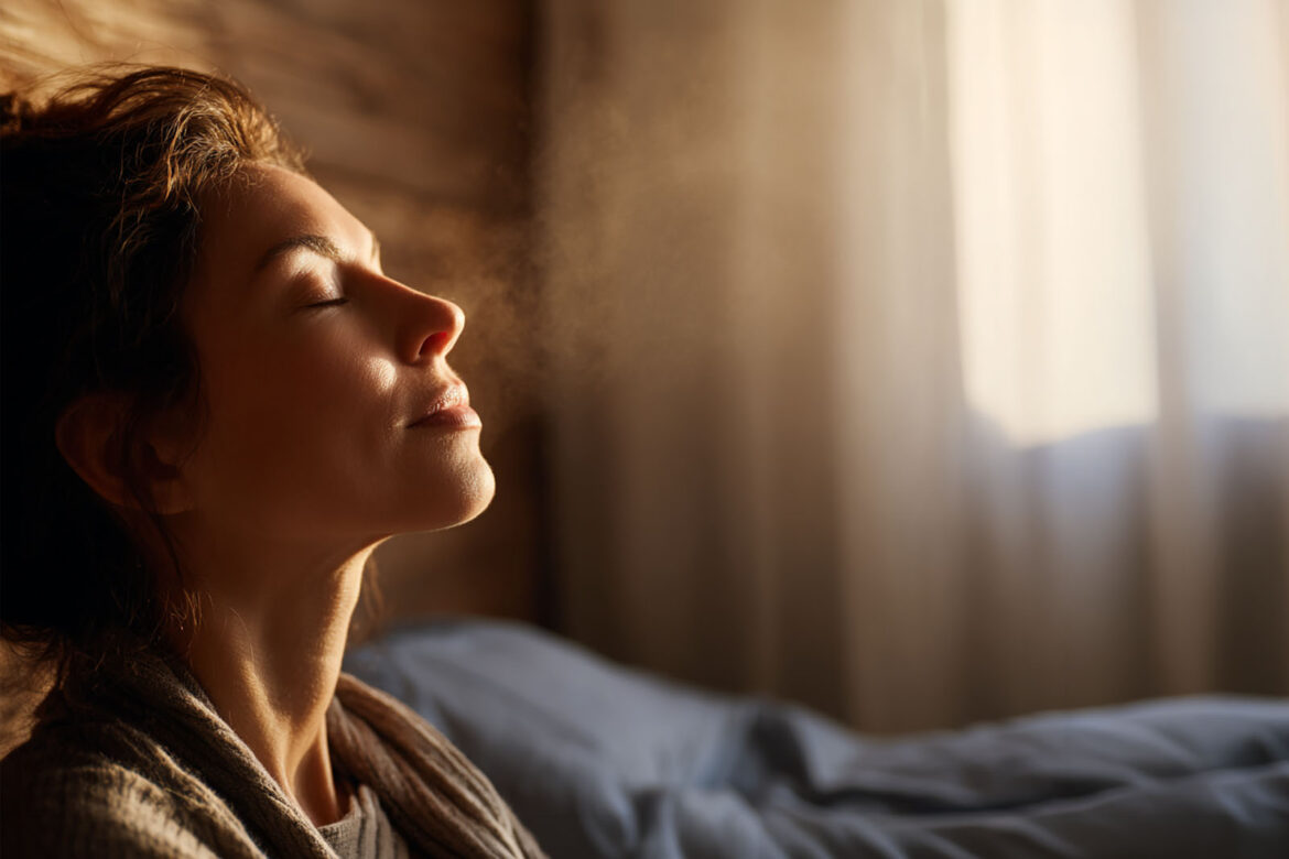 Nahaufnahme eines Frau im Profil, Augen geschlossen, atmet ruhig und tief, umgeben von weichem, natürlichem Licht.