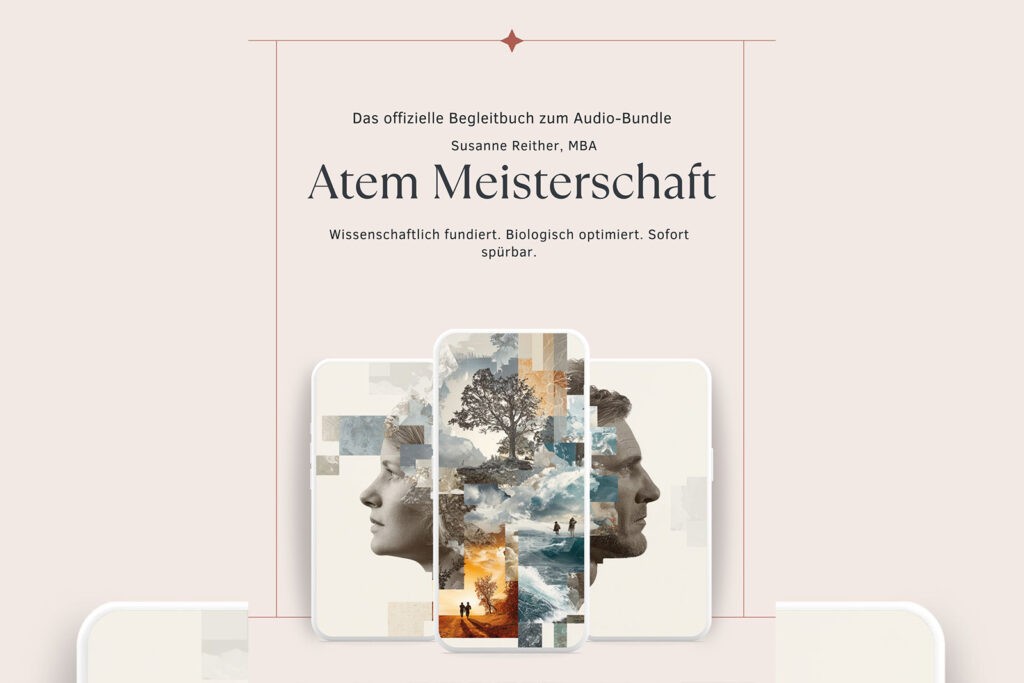 Hochwertiges Produkt-Mockup des Atem-Meisterschaft Audio-Bundles zur HRV-Steigerung und Stressreduktion, bestehend aus Kopfhörern, Smartphone-Display und PDF-Guide-Vorschau.
