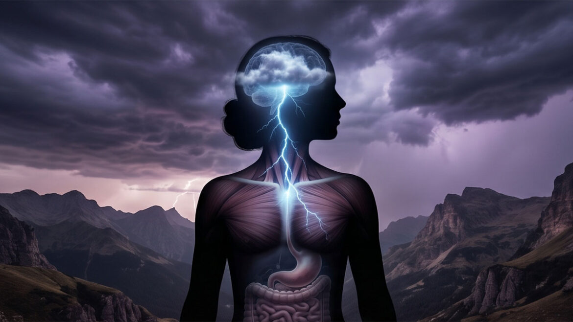 Wenn der Körper die Notbremse zieht: Warum Burnout-Symptome eigentlich Überlebensimpulse sind 1 Eine stürmische Bergsilhouette mit einer weiblichen Figur im Vordergrund. Ein Blitz schlägt aus einer Gewitterwolke im Gehirn direkt in den Magen ein.