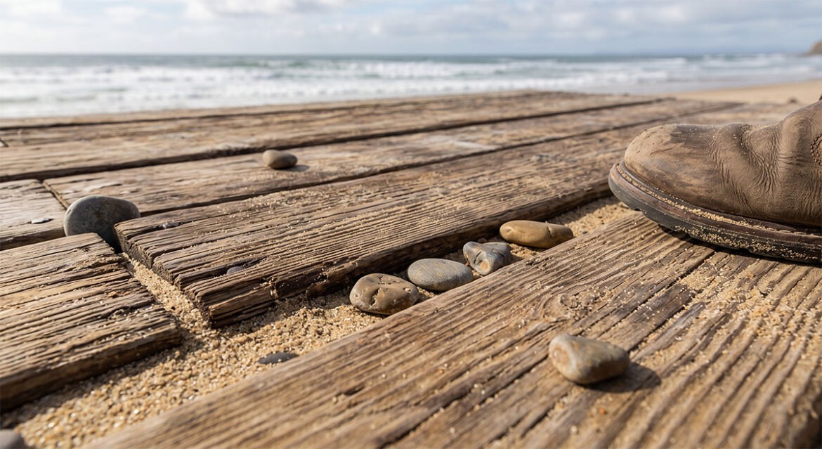 Ein brauner Lederschuh steht auf wettergegerbten Holzplanken an einem Sandstrand, im Hintergrund sind Meereswellen unter einem bewölkten Himmel zu sehen.