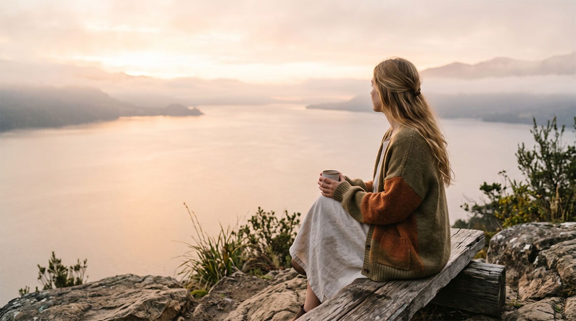 Die Stärke der Zarten: Wenn Aufrichtigkeit auf feine Widerstandskraft trifft 1 Eine feinfühlige Frau sitzt nachdenklich im Profil auf einer Klippe am nebligen Seeufer bei Sonnenaufgang.