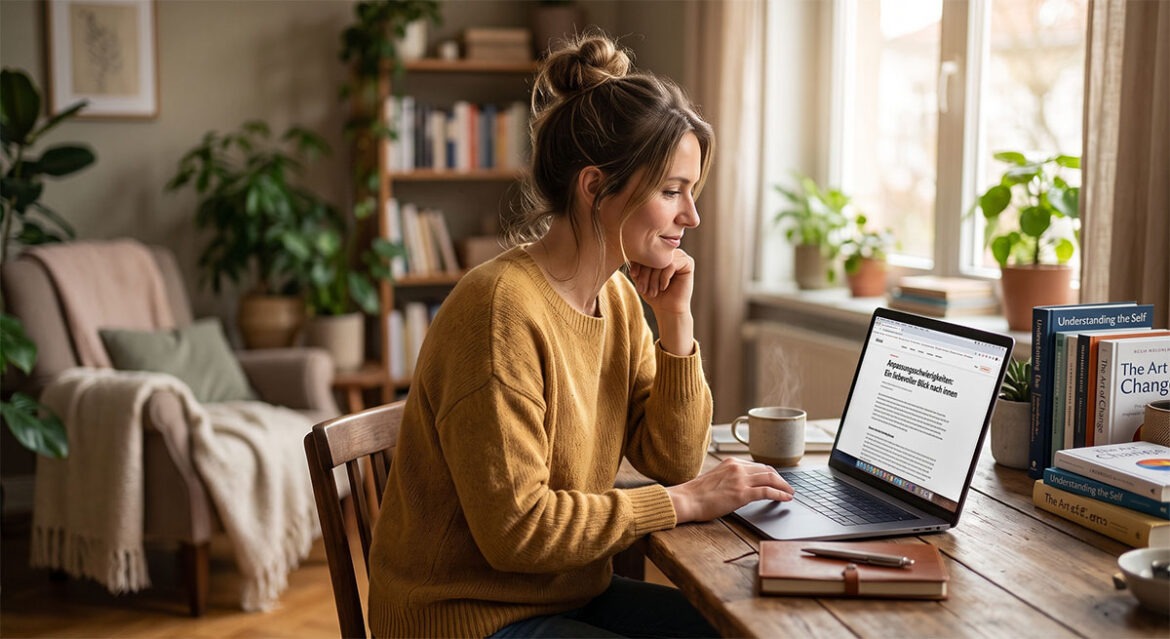 Wenn Neues Angst macht: Wie Sie Anpassungsschwierigkeiten liebevoll meistern 1 Eine Frau in einem gelben Pullover sitzt nachdenklich vor einem Laptop in einem Raum voller Bücher und Pflanzen.