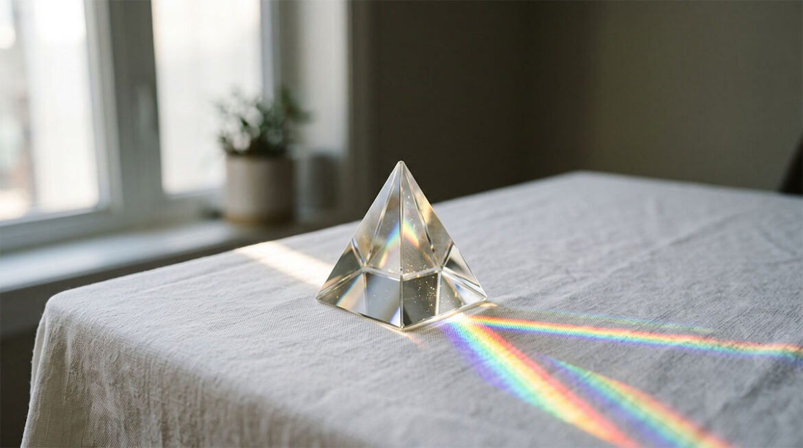 Ein gläsernes Prisma auf einem Tisch bricht das Sonnenlicht in regenbogenfarbene Facetten.