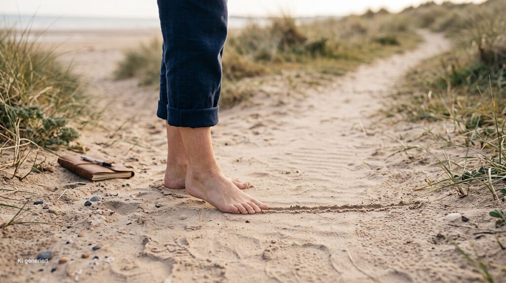Warum sind Sie so hart zu sich selbst? Der Weg zu liebevoller Selbstannahme 4 Person steht barfuß an einer Weggabelung im Sand und zieht eine klare Grenzlinie mit dem Fuß als Symbol für Grenzen setzen und Standortbestimmung.