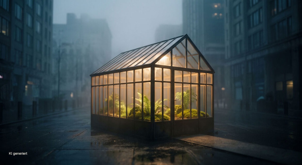 Warm beleuchtetes Glashaus im Nebel als Sinnbild für geschützte Introversion und Reizabschirmung.
