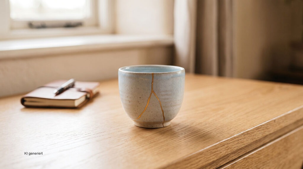 Warum sind Sie so hart zu sich selbst? Der Weg zu liebevoller Selbstannahme 2 Japanische Kintsugi Keramiktasse mit Goldnaht auf einem Holzschreibtisch als Metapher für Schönheit im Unvollkommenen und Loslassen von Perfektionismus.
