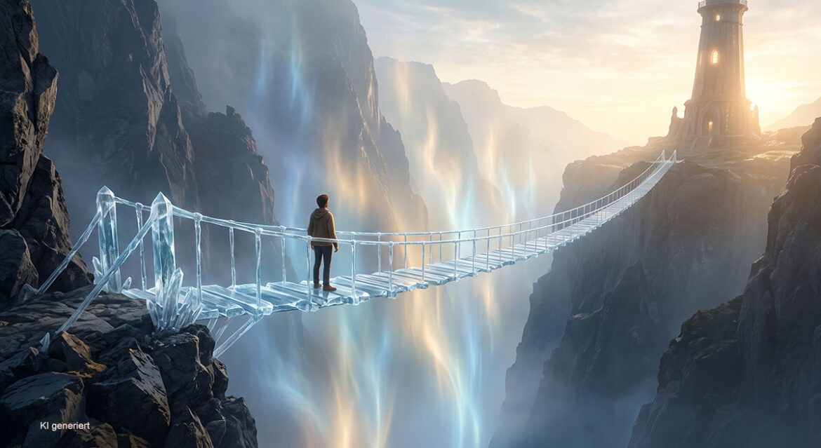 Person steht auf einer schmalen Brücke aus Kristall über einer nebligen Schlucht mit Blick auf einen Leuchtturm als Symbol für Hoffnung bei Ausweglosigkeit