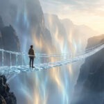 Person steht auf einer schmalen Brücke aus Kristall über einer nebligen Schlucht mit Blick auf einen Leuchtturm als Symbol für Hoffnung bei Ausweglosigkeit