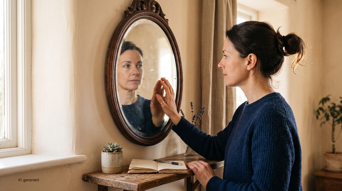 Warum sind Sie so hart zu sich selbst? Der Weg zu liebevoller Selbstannahme 1 Frau berührt achtsam ihr Spiegelbild als Symbol für Selbstreflexion, liebevollen Umgang und Überwindung von mangelnder Selbstliebe.