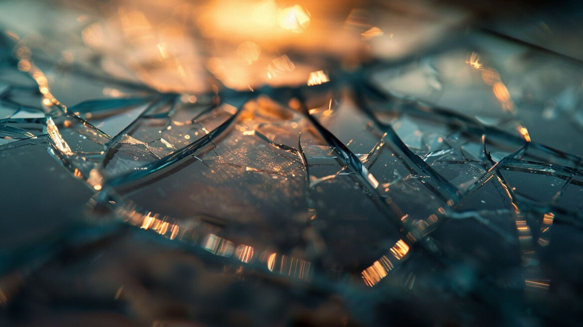 Wenn der Schmerz leise bleibt: Warum nicht gelebte Trauer uns schleichend die Lebensfreude raubt 1 Makroaufnahme von gebrochenem Glas mit feinen Sprüngen, durch das warmes Licht fällt und Schatten wirft.