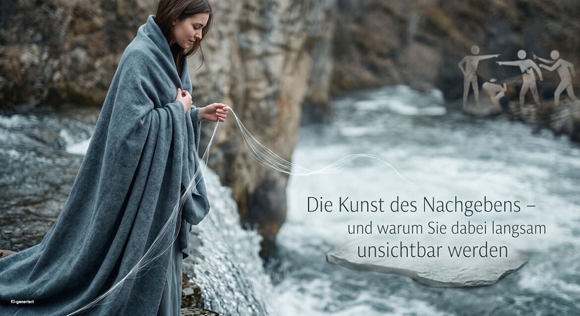 Die Kunst des Nachgebens – und warum Sie dabei langsam unsichtbar werden 1 Frau in schwerem Mantel balanciert auf feinem Faden über einer Schlucht als Symbol für ständiges Nachgeben und innere Last.