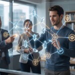 Mann arbeitet an einer transparenten Glasscheibe mit leuchtenden geometrischen Kristallverbindungen und psychologischen Symbolen