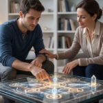 Klient und Psychotherapeutin analysieren gemeinsam ein leuchtendes geometrisches Modell auf einem Couchtisch