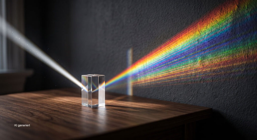 Glasprisma bricht Lichtstrahl in feine Spektralfarben – Symbol für hochsensible Reizverarbeitung.