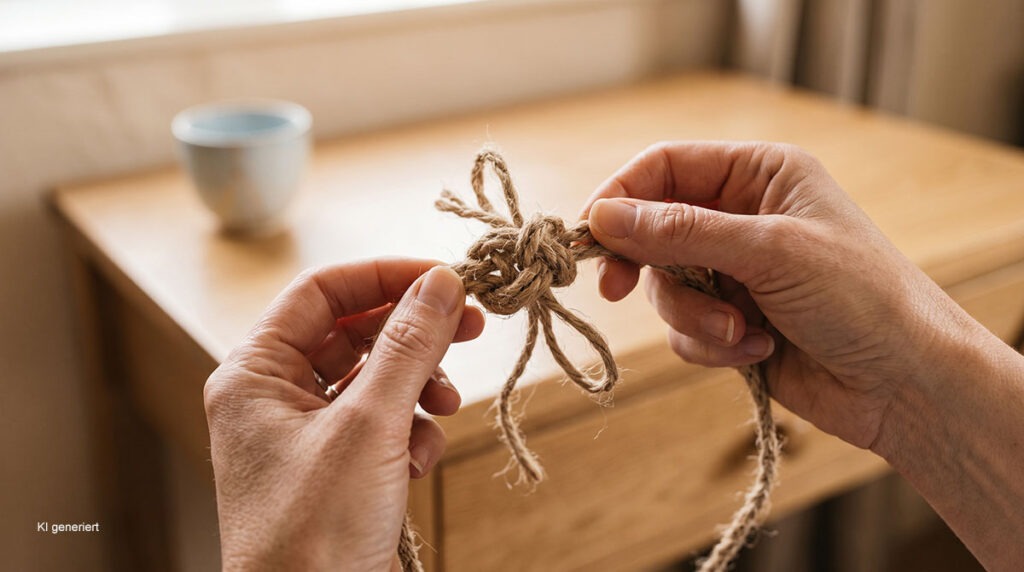 Warum sind Sie so hart zu sich selbst? Der Weg zu liebevoller Selbstannahme 3 Zwei Hände lockern behutsam einen festen Seilknoten als Symbol für das Auflösen von Schutzmustern und innerer Anspannung.
