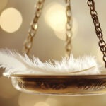 Filigrane historische Messingwaage im Detail mit einer einzelnen weißen Vogelfeder in der Waagschale