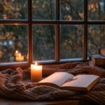 Brennende Kerze und Notizbuch auf einer Decke am Fensterbrett.