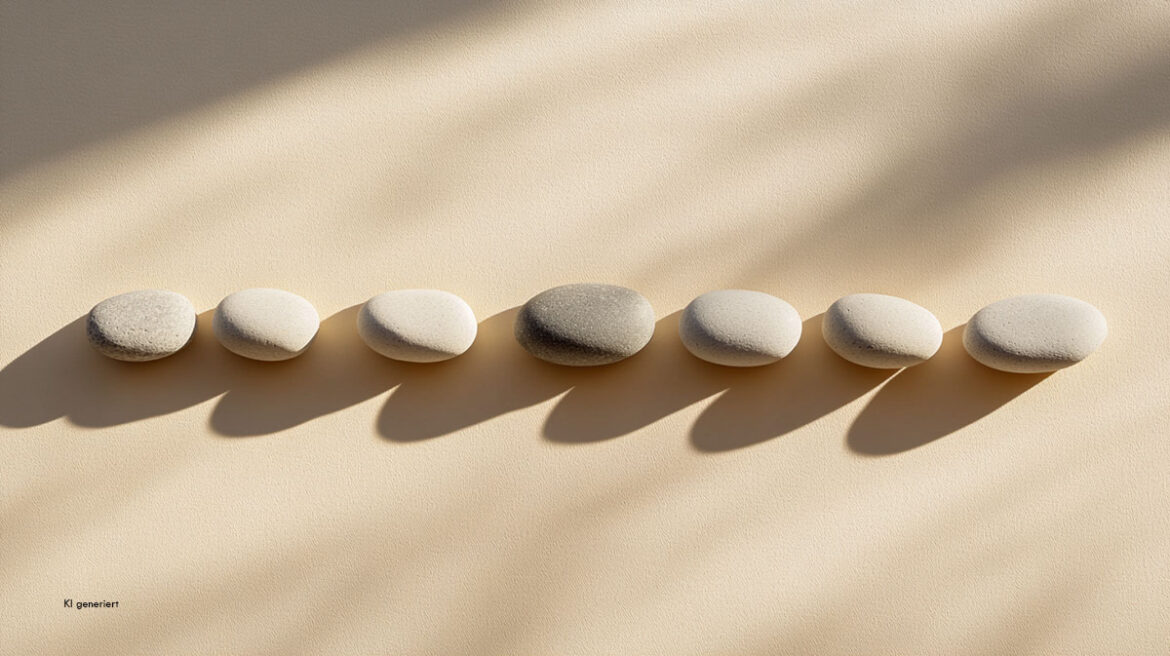 Wenn Perfektion erschöpft: Der Weg aus der übersteigerten Selbstanforderung 1 Geometrisch aufgereihte glatte Steine auf hellem Grund, ein Stein weicht leicht von der perfekten Linie ab