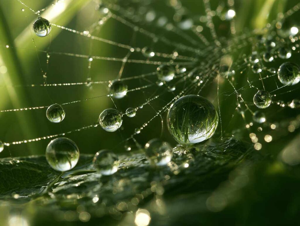 Forscherseele ohne Kittel: Haben Sie wissenschaftliches Talent? 4 Makroaufnahme von glänzenden Wassertropfen auf einem Blatt, die wie winzige Lupen die Umgebung spiegeln.