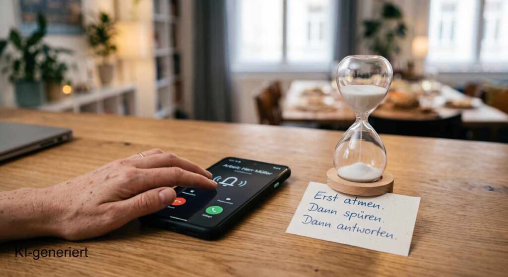 Gefangen in den Erwartungen anderer: Warum wir Rollen spielen, die uns die Luft abschnüren – und wie Sie sich sanft befreien 4 Eine Hand ruht auf einem Smartphone-Display mit eingehendem Anruf. Daneben eine minimalistische Sanduhr und ein handschriftlicher Zettel mit der Aufschrift „Erst atmen. Dann spüren. Dann antworten.
