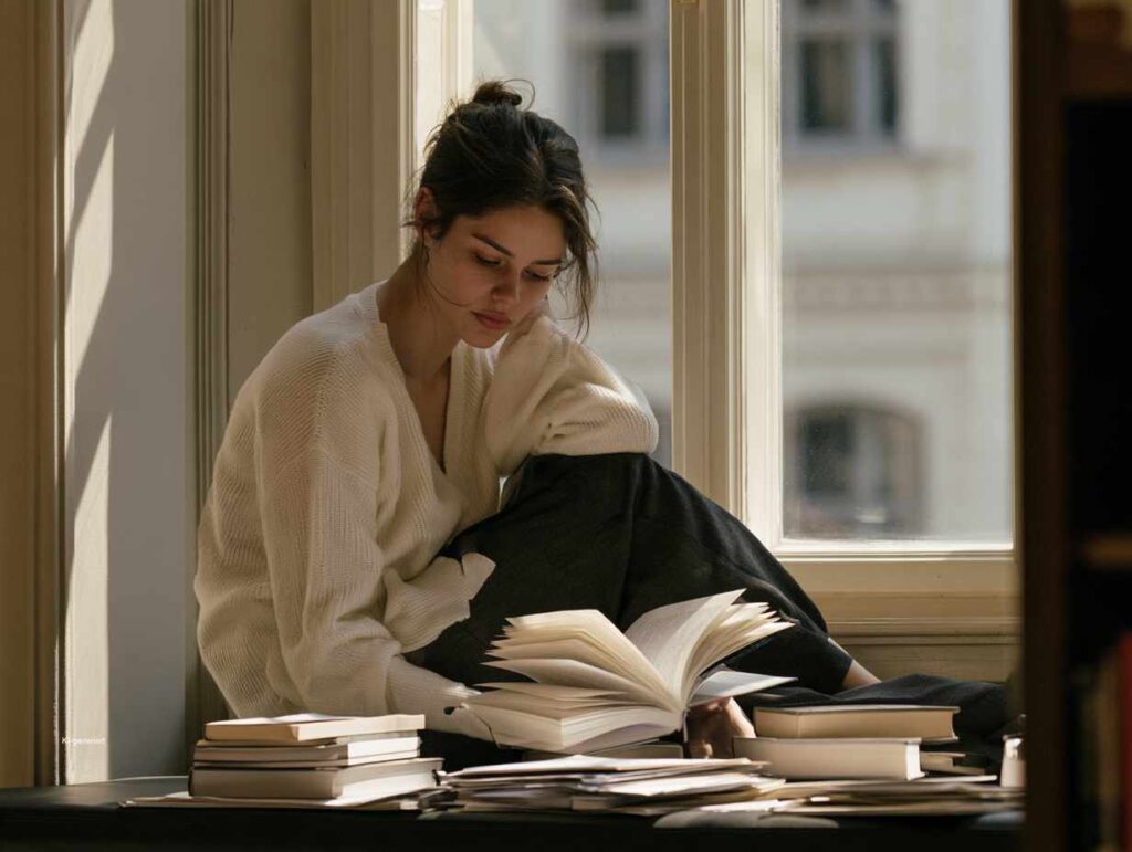 Forscherseele ohne Kittel: Haben Sie wissenschaftliches Talent? 3 Eine Frau sitzt konzentriert in einer lichtdurchfluteten Fensternische und vertieft sich in Notizen und Fachbücher.