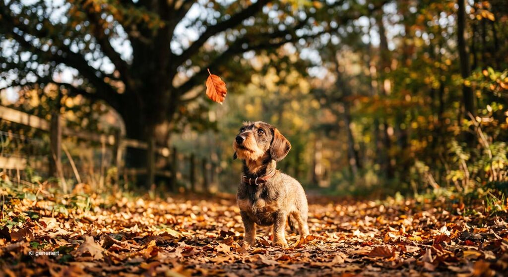 Warum Sie überall Gefahren sehen – und wie Sie den inneren Alarm endlich leiser drehen 2 Ein kleiner Rauhaardackel blickt im herbstlichen Wald aufmerksam und angespannt auf ein herabfallendes Blatt