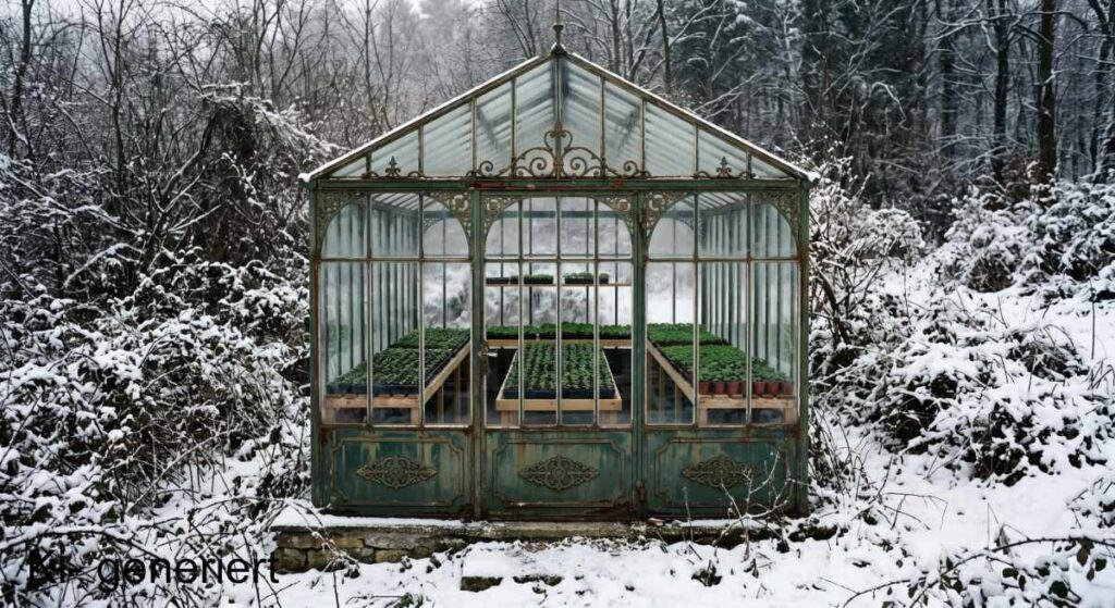 Sind Sie ein „Schützer“? Warum Sie die Welt so tief spüren, andere beschützen und sich selbst dabei oft vergessen 2 Historisches Glashaus aus Gusseisen in einer verschneiten Winterlandschaft, in dem grüne Pflanzen in exakten Reihen geschützt heranwachsen.