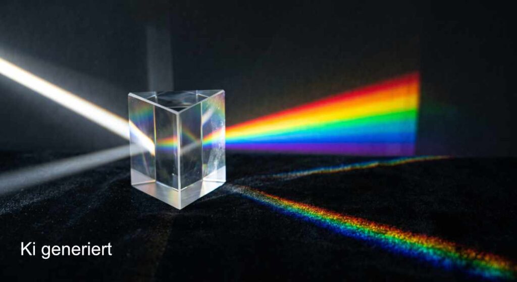 Sind Sie ein „Schützer“? Warum Sie die Welt so tief spüren, andere beschützen und sich selbst dabei oft vergessen 4 Ein dreieckiges Glasprisma auf dunklem Untergrund bricht einen einzelnen weißen Lichtstrahl in ein leuchtendes Farbspektrum auf.