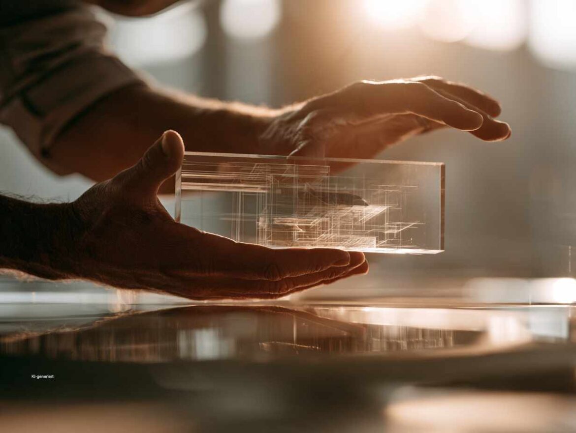 Forscherseele ohne Kittel: Haben Sie wissenschaftliches Talent? 1 Hände halten einen transparenten, fein gezeichneten Grundriss im warmen Gegenlicht einer modernen Umgebung.