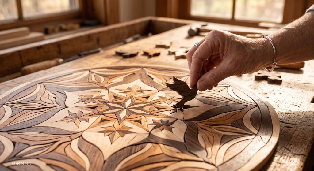Warum Sie überall Gefahren sehen – und wie Sie den inneren Alarm endlich leiser drehen 5 Eine Hand setzt das letzte kunstvolle Holzteil in ein florales Mandala-Mosaik ein