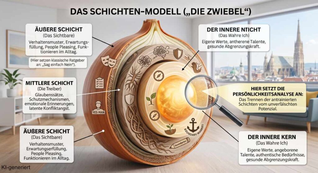 Gefangen in den Erwartungen anderer: Warum wir Rollen spielen, die uns die Luft abschnüren – und wie Sie sich sanft befreien 5 Didaktisches Schichten-Modell („Die Zwiebel“): Ein Querschnitt zeigt Äußere Schicht (Sichtbares), Mittlere Schicht (Treiber) und Inneren Kern (Wahres Ich).