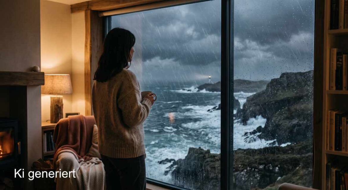 Sind Sie ein „Schützer“? Warum Sie die Welt so tief spüren, andere beschützen und sich selbst dabei oft vergessen 1 Eine Frau steht mit einer Tasse in einem warm beleuchteten Zimmer und blickt durch ein großes Fenster auf das stürmische Meer und raue Klippen.