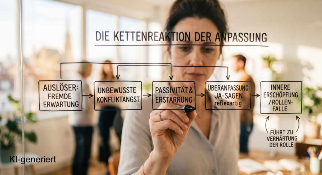 Gefangen in den Erwartungen anderer: Warum wir Rollen spielen, die uns die Luft abschnüren – und wie Sie sich sanft befreien 2 Die Hand einer Expertin zeichnet ein psychologisches Whiteboard-Diagramm mit Pfeilen und Kästen, die den Teufelskreis der Anpassung erklären (Auslöser -> Angst -> Reflex -> Preis).