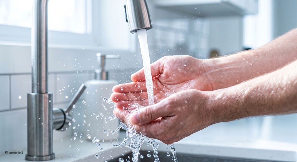 Warum Sie überall Gefahren sehen – und wie Sie den inneren Alarm endlich leiser drehen 4 Hände fangen unter einem Wasserhahn strömendes klares Wasser mit spritzenden Wassertropfen auf