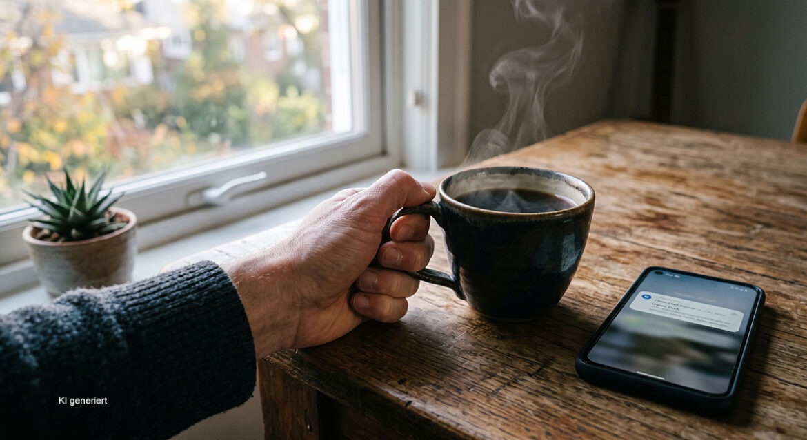 Warum Sie überall Gefahren sehen – und wie Sie den inneren Alarm endlich leiser drehen 1 Angespannte Hand umfasst fest eine Kaffeetasse neben einem Smartphone mit Benachrichtigung im Morgenlicht