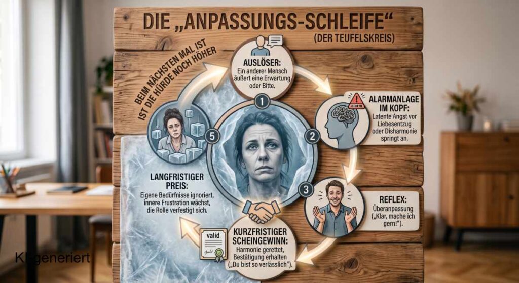 Gefangen in den Erwartungen anderer: Warum wir Rollen spielen, die uns die Luft abschnüren – und wie Sie sich sanft befreien 3 Rein grafisches, zirkuläres Diagramm in 5 Stationen (Teufelskreis): Auslöser -> Alarmanlage -> Reflex -> Scheingewinn -> Preis -> Zurück zu Station 1.