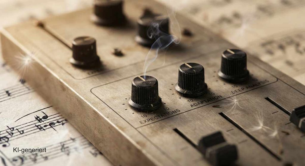 Wenn jedes Wort wie Blei wiegt: Warum Ihre Überempfindlichkeit kein Makel ist 4 Vintage-Mischpult auf einer Notenpartitur, bei dem Regler für Erwartungen und Anpassung voll aufgedreht sind und leicht rauchen.