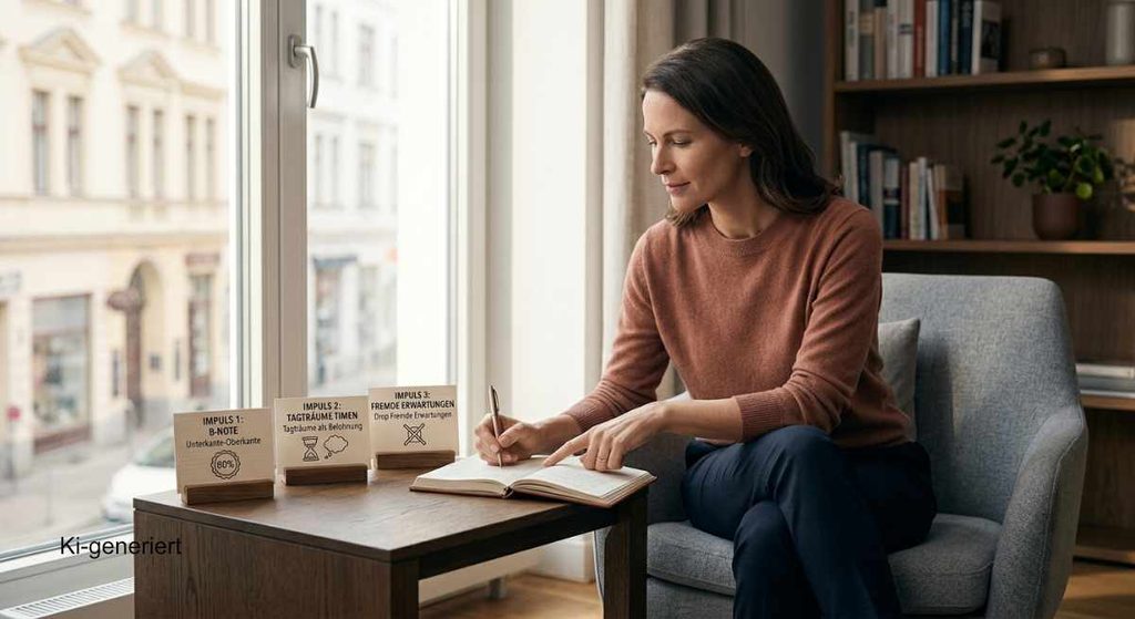 Eine Frau schreibt gelassen in ein Journal an einem Tisch mit Praxis-Tipps gegen Perfektionismus und innere Unruhe.