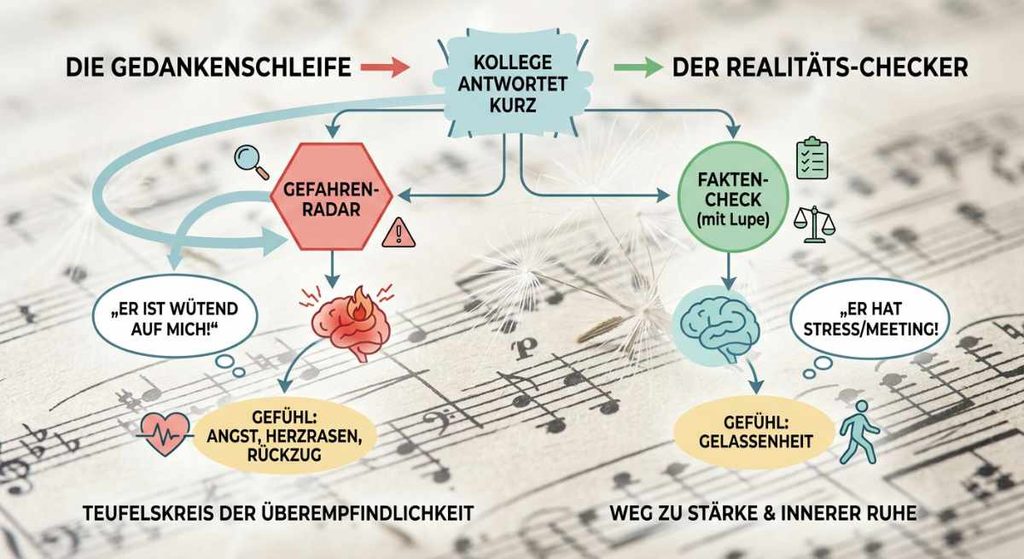 Wenn jedes Wort wie Blei wiegt: Warum Ihre Überempfindlichkeit kein Makel ist 3 Infografik-Ablaufdiagramm auf Partitur-Hintergrund, das den Unterschied zwischen der impulsiven Gedankenschleife und dem faktenbasierten Realitäts-Checker zeigt.