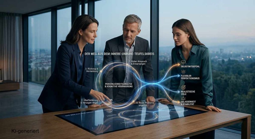 Infografik-Foto über den Weg aus der inneren Unruhe: Drei Personen analysieren ein leuchtendes Schaltdiagramm, das den Teufelskreis von Perfektionismus und Rückzug auflöst.