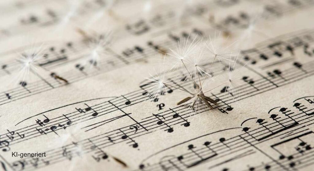 Wenn jedes Wort wie Blei wiegt: Warum Ihre Überempfindlichkeit kein Makel ist 1 Nahaufnahme von zarten Löwenzahn-Samen, die sanft auf einer alten Musikpartitur mit Notenzeilen liegen.